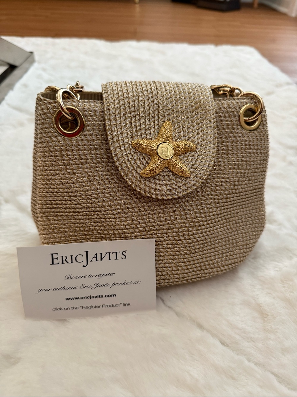 Eric Javits Natural Raffia Shoulder Bag with Gold Starfish Detail